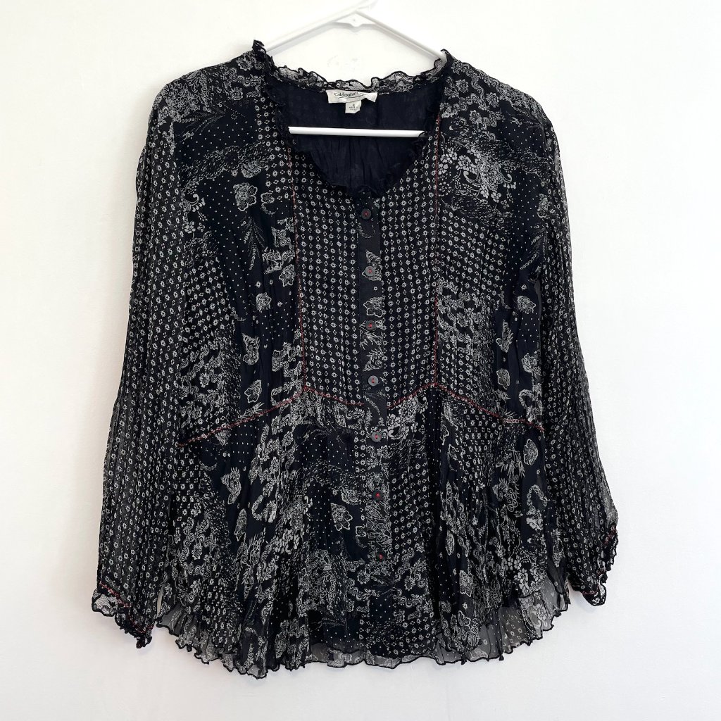 Coldwater Creek Black White Patchwork Floral Crinkle Button 3/4 Sleeve Blouse S